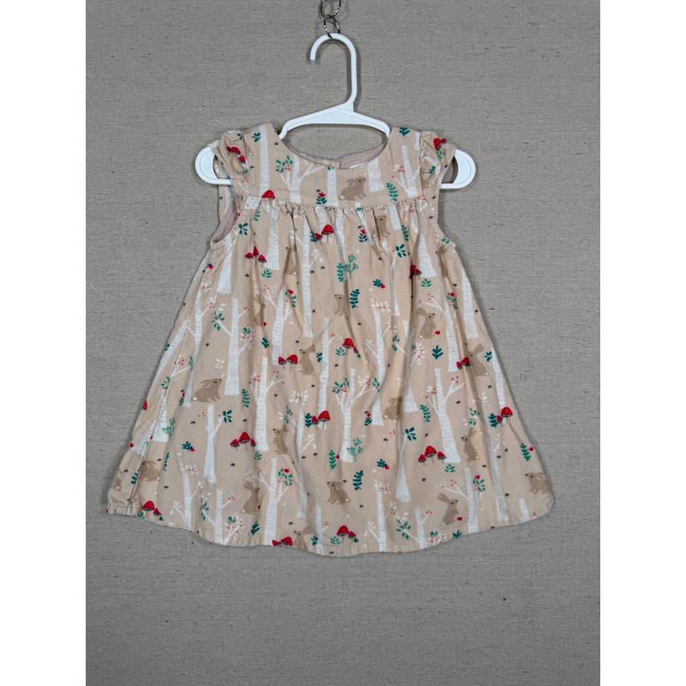 John Lewis Baby Girl Corduroy Dress 9-12 Months Woodland Rabbit Mushroom Beige